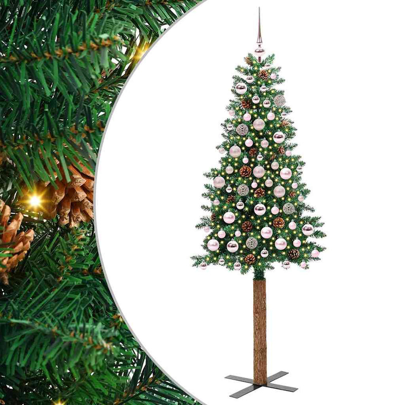 vidaXL Karcsú karácsonyfa 300 LED-del Zöld 180 cm PVC és tömör fenyőfa