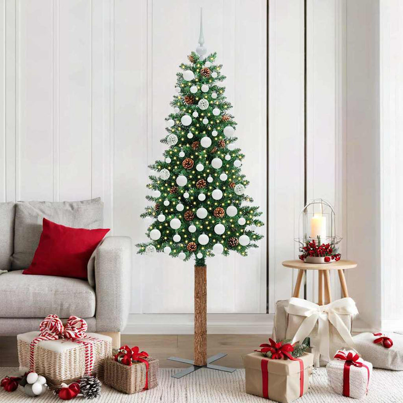 vidaXL Karcsú karácsonyfa 300 LED-del Zöld 180 cm PVC és tömör fenyőfa