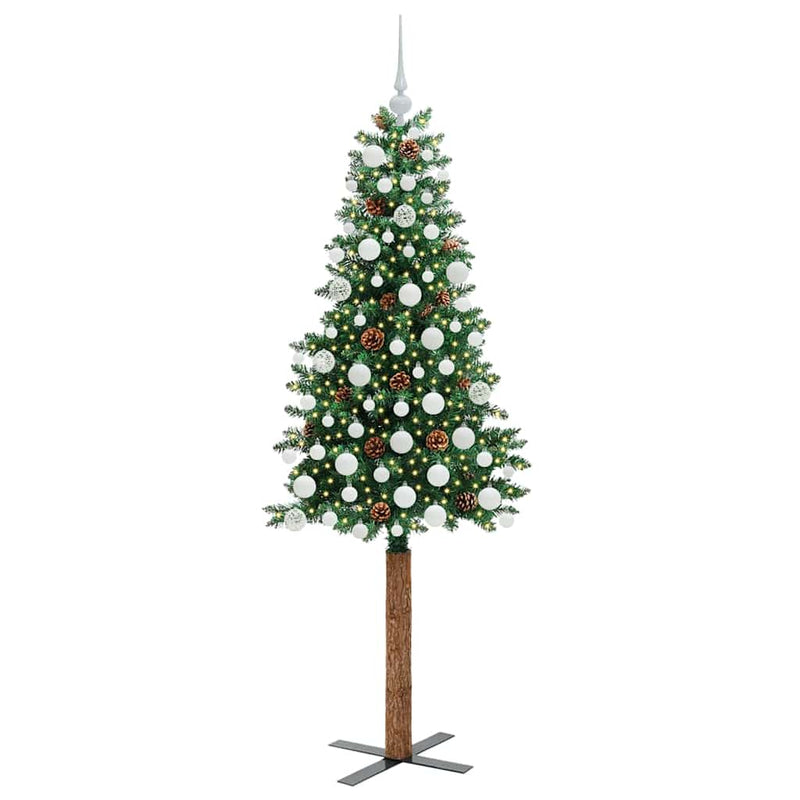 vidaXL Karcsú karácsonyfa 300 LED-del Zöld 180 cm PVC és tömör fenyőfa