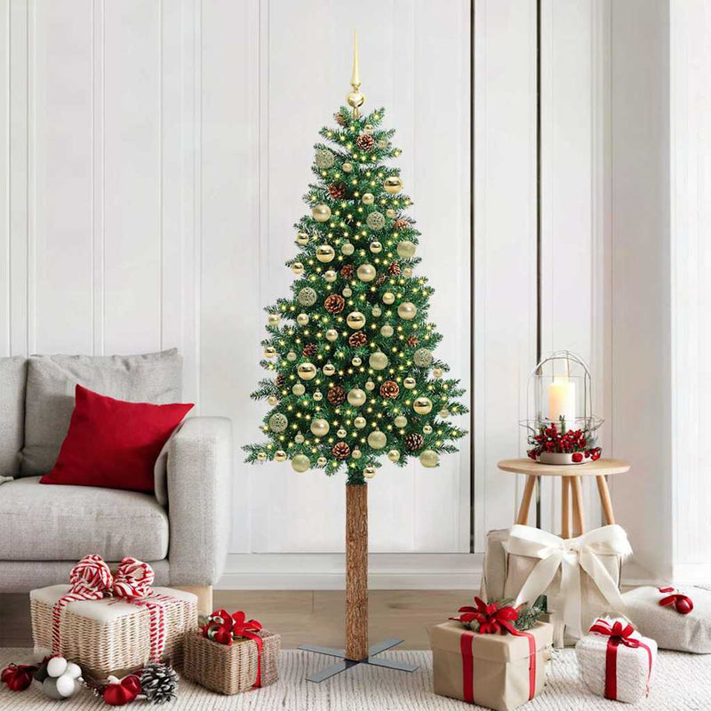 vidaXL Karcsú karácsonyfa 300 LED-del Zöld 180 cm PVC és tömör fenyőfa