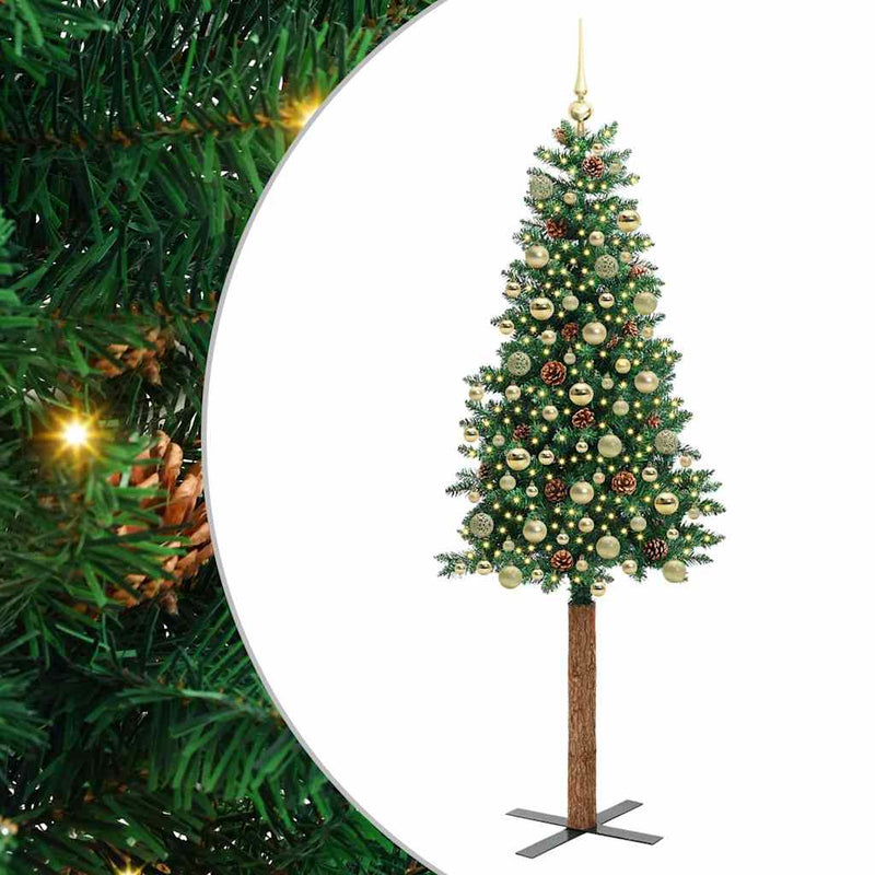 vidaXL Karcsú karácsonyfa 300 LED-del Zöld 180 cm PVC és tömör fenyőfa