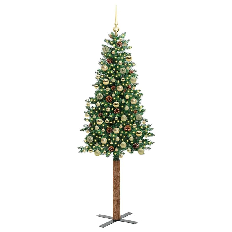 vidaXL Karcsú karácsonyfa 300 LED-del Zöld 180 cm PVC és tömör fenyőfa