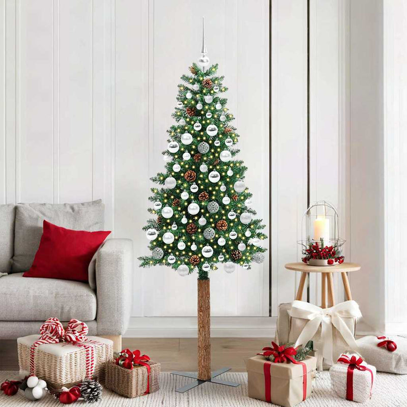 vidaXL Karcsú karácsonyfa 300 LED-del Zöld 180 cm PVC és tömör fenyőfa