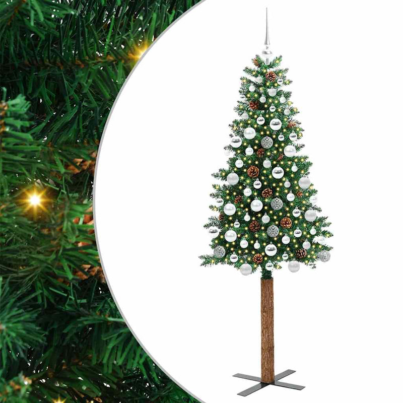 vidaXL Karcsú karácsonyfa 300 LED-del Zöld 180 cm PVC és tömör fenyőfa