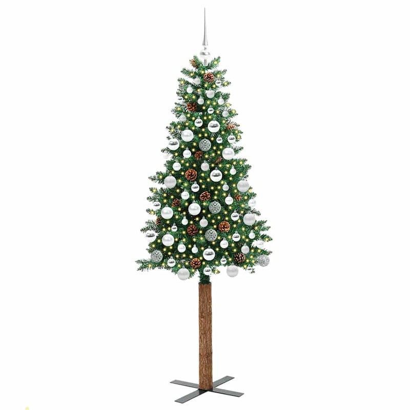 vidaXL Karcsú karácsonyfa 300 LED-del Zöld 180 cm PVC és tömör fenyőfa
