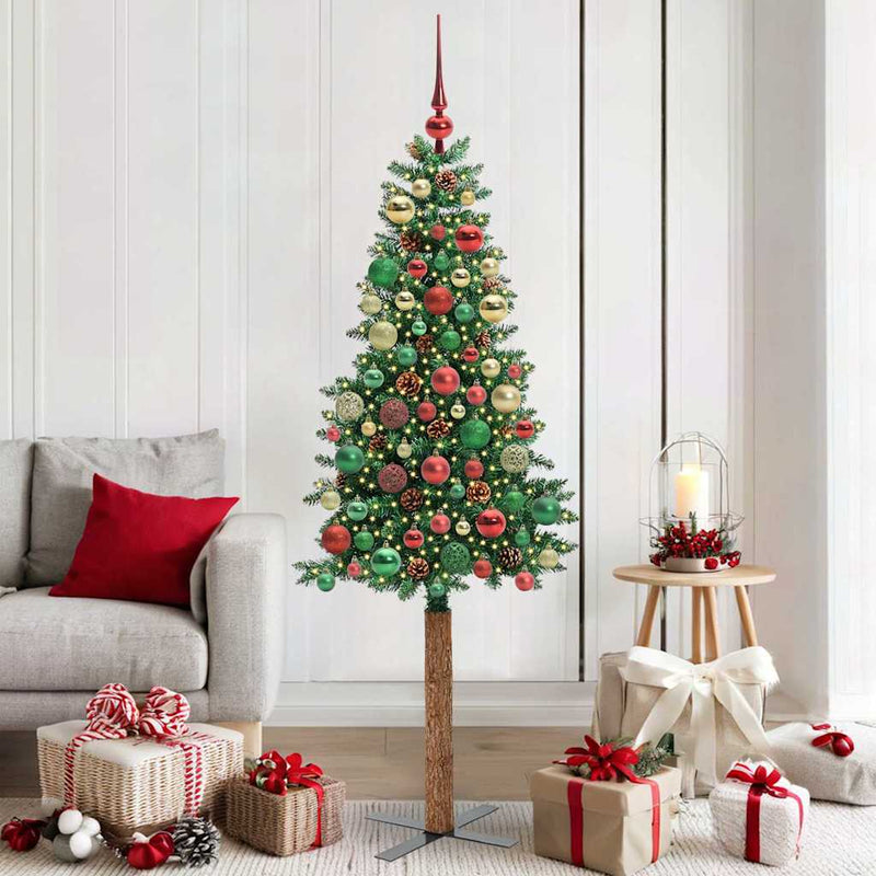 vidaXL Karcsú karácsonyfa 300 LED-del Zöld 180 cm PVC és tömör fenyőfa