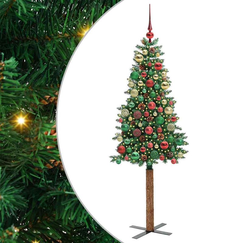 vidaXL Karcsú karácsonyfa 300 LED-del Zöld 180 cm PVC és tömör fenyőfa