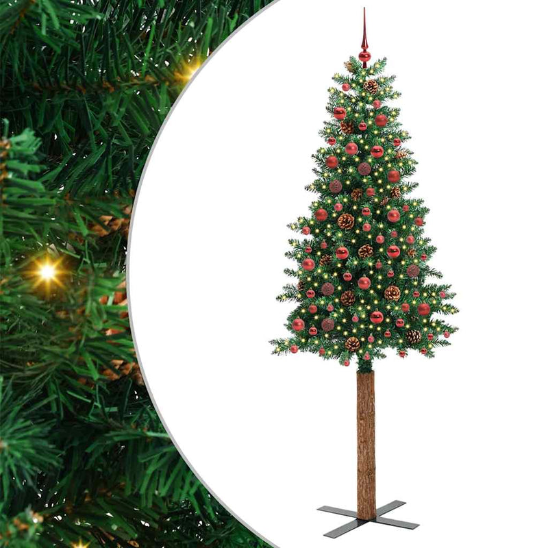 vidaXL Karcsú karácsonyfa 300 LED-del Zöld 210 cm PVC és tömör fenyőfa