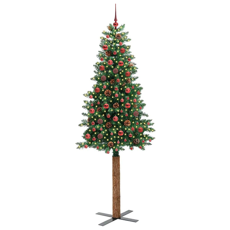 vidaXL Karcsú karácsonyfa 300 LED-del Zöld 210 cm PVC és tömör fenyőfa