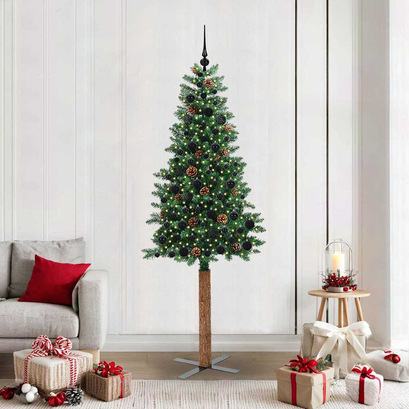 vidaXL Karcsú karácsonyfa 300 LED-del Zöld 210 cm PVC és tömör fenyőfa