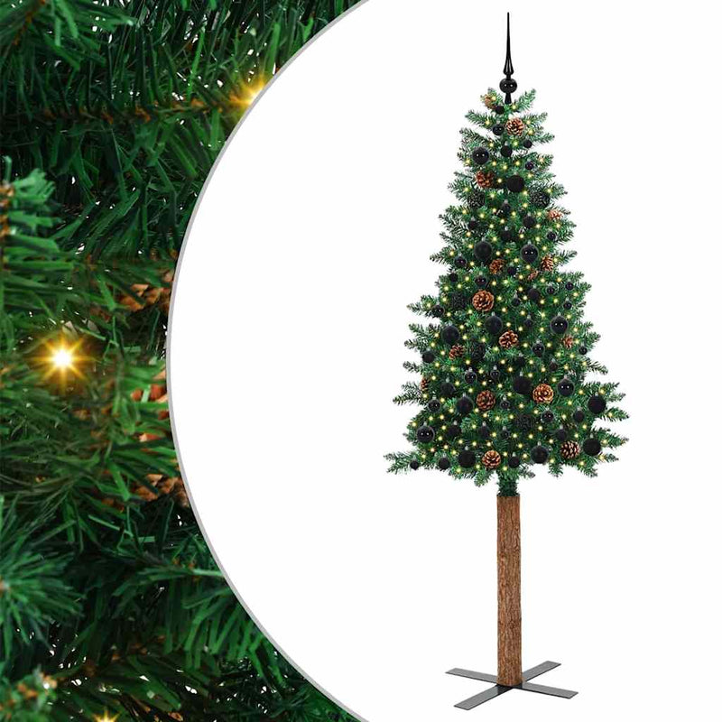 vidaXL Karcsú karácsonyfa 300 LED-del Zöld 210 cm PVC és tömör fenyőfa
