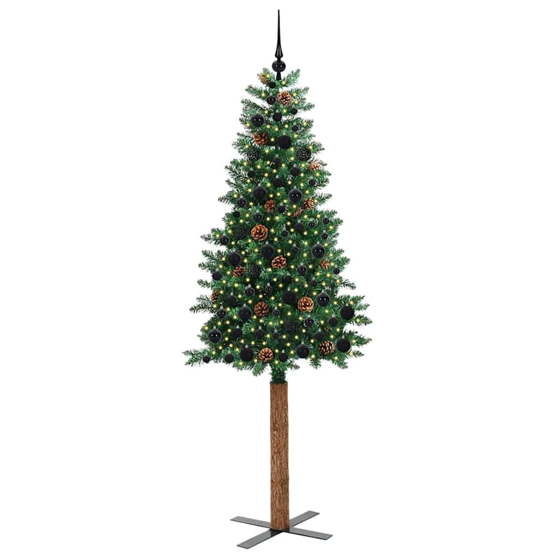 vidaXL Karcsú karácsonyfa 300 LED-del Zöld 210 cm PVC és tömör fenyőfa