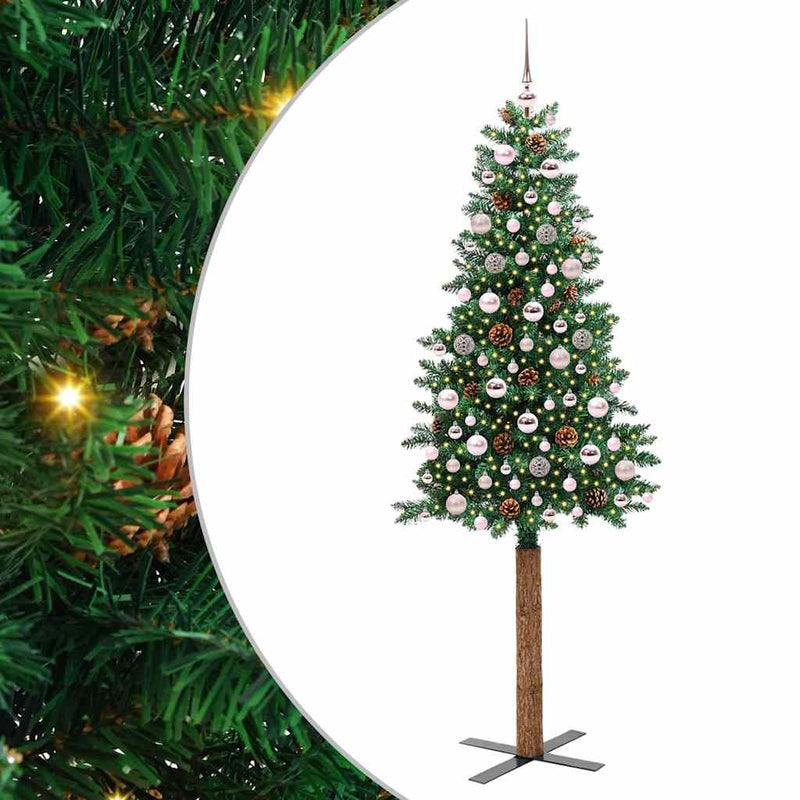vidaXL Karcsú karácsonyfa 300 LED-del Zöld 210 cm PVC és tömör fenyőfa