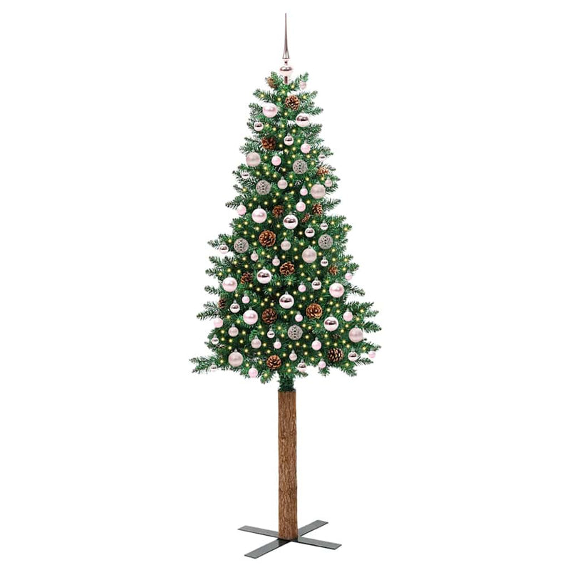 vidaXL Karcsú karácsonyfa 300 LED-del Zöld 210 cm PVC és tömör fenyőfa