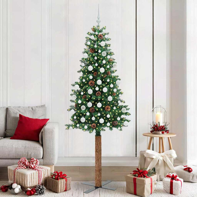 vidaXL Karcsú karácsonyfa 300 LED-del Zöld 210 cm PVC és tömör fenyőfa