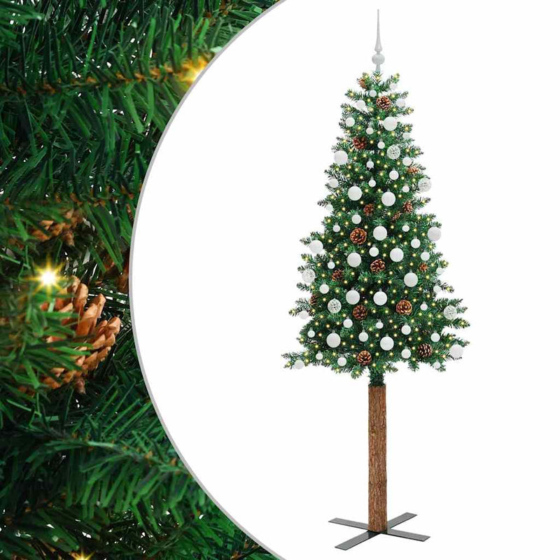 vidaXL Karcsú karácsonyfa 300 LED-del Zöld 210 cm PVC és tömör fenyőfa