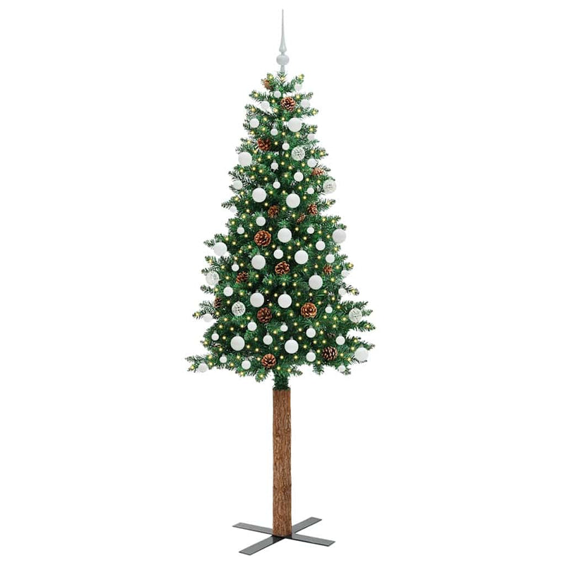 vidaXL Karcsú karácsonyfa 300 LED-del Zöld 210 cm PVC és tömör fenyőfa