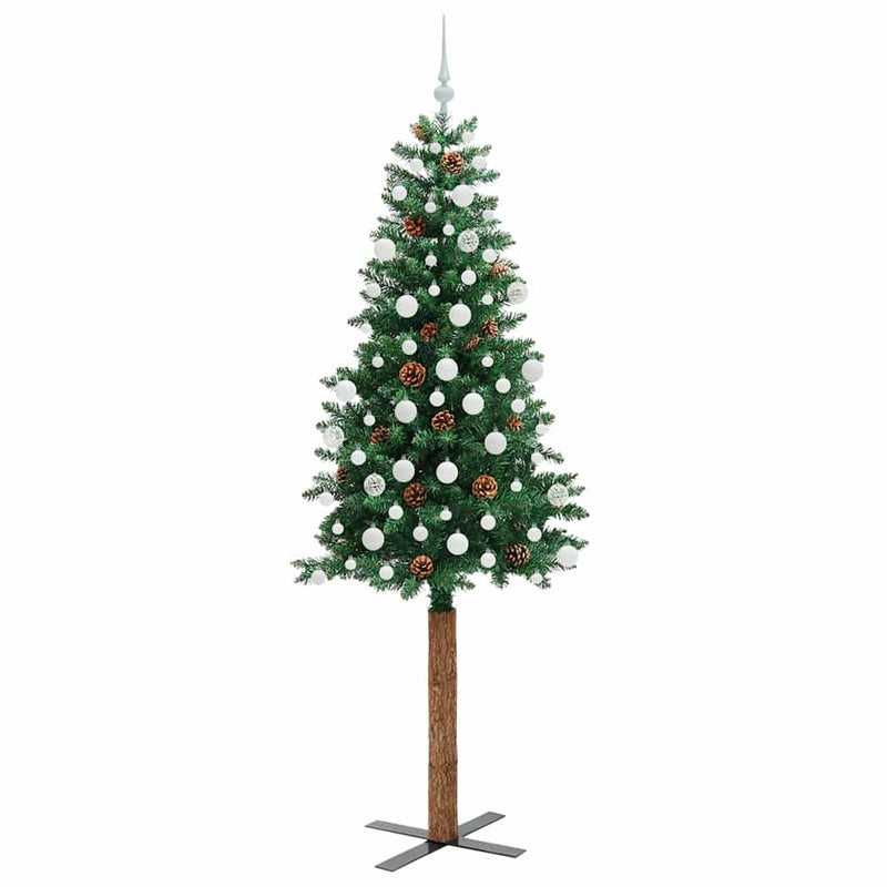 vidaXL Karcsú karácsonyfa 300 LED-del Zöld 210 cm PVC és tömör fenyőfa