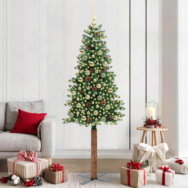 vidaXL Karcsú karácsonyfa 300 LED-del Zöld 210 cm PVC és tömör fenyőfa