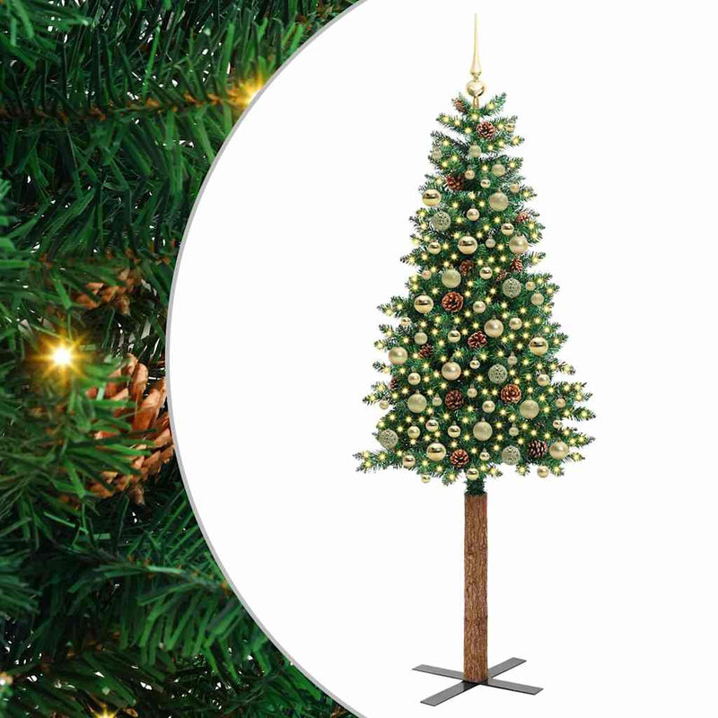 vidaXL Karcsú karácsonyfa 300 LED-del Zöld 210 cm PVC és tömör fenyőfa