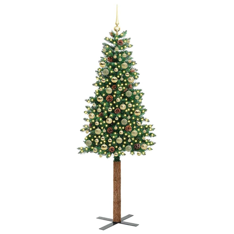 vidaXL Karcsú karácsonyfa 300 LED-del Zöld 210 cm PVC és tömör fenyőfa