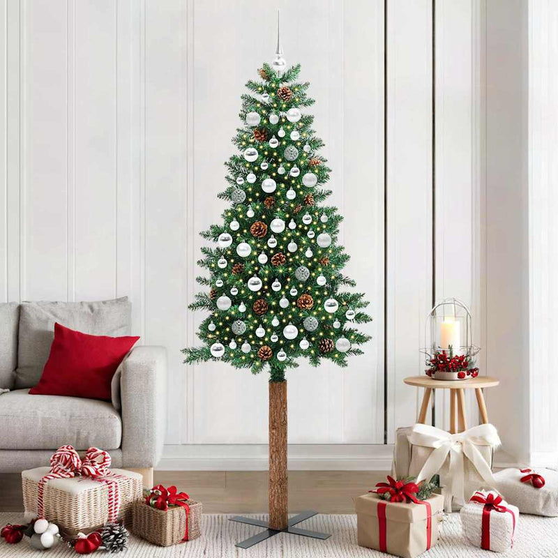 vidaXL Karcsú karácsonyfa 300 LED-del Zöld 210 cm PVC és tömör fenyőfa