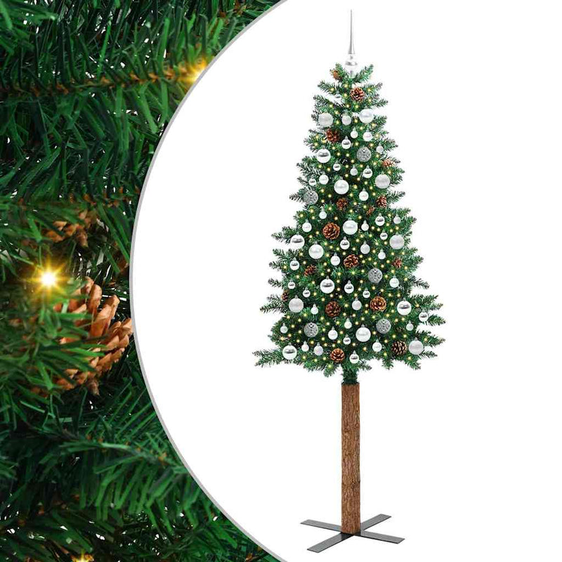 vidaXL Karcsú karácsonyfa 300 LED-del Zöld 210 cm PVC és tömör fenyőfa