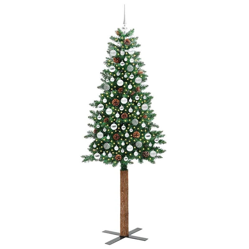 vidaXL Karcsú karácsonyfa 300 LED-del Zöld 210 cm PVC és tömör fenyőfa