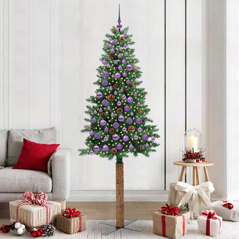vidaXL Karcsú karácsonyfa 300 LED-del Zöld 210 cm PVC és tömör fenyőfa