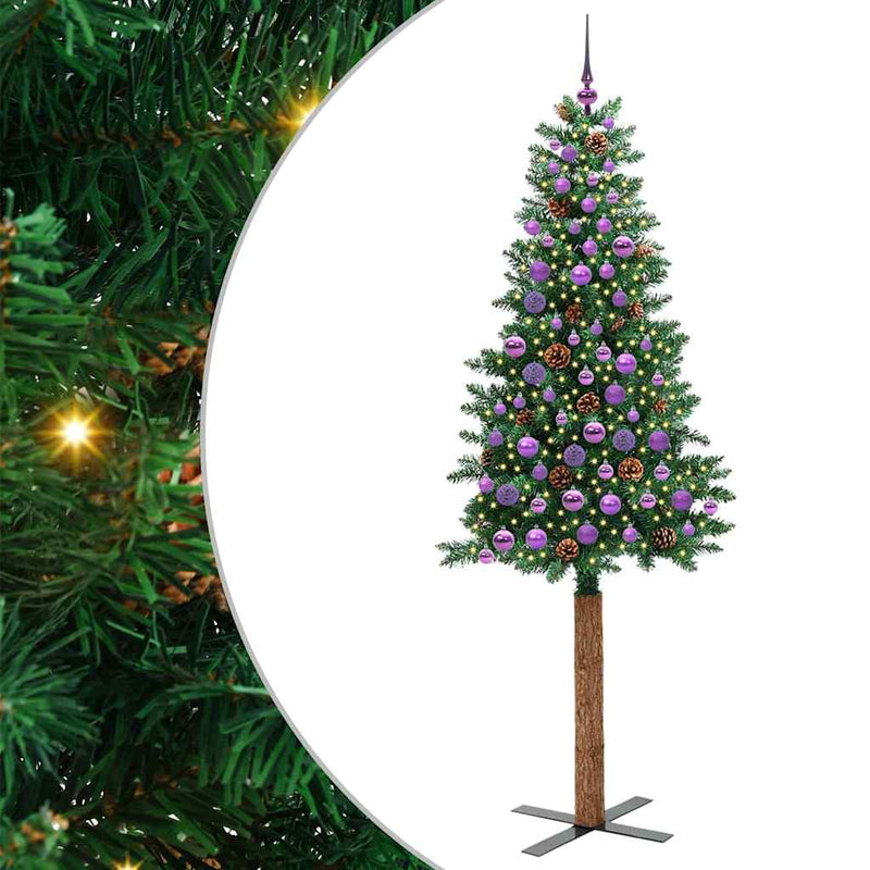 vidaXL Karcsú karácsonyfa 300 LED-del Zöld 210 cm PVC és tömör fenyőfa