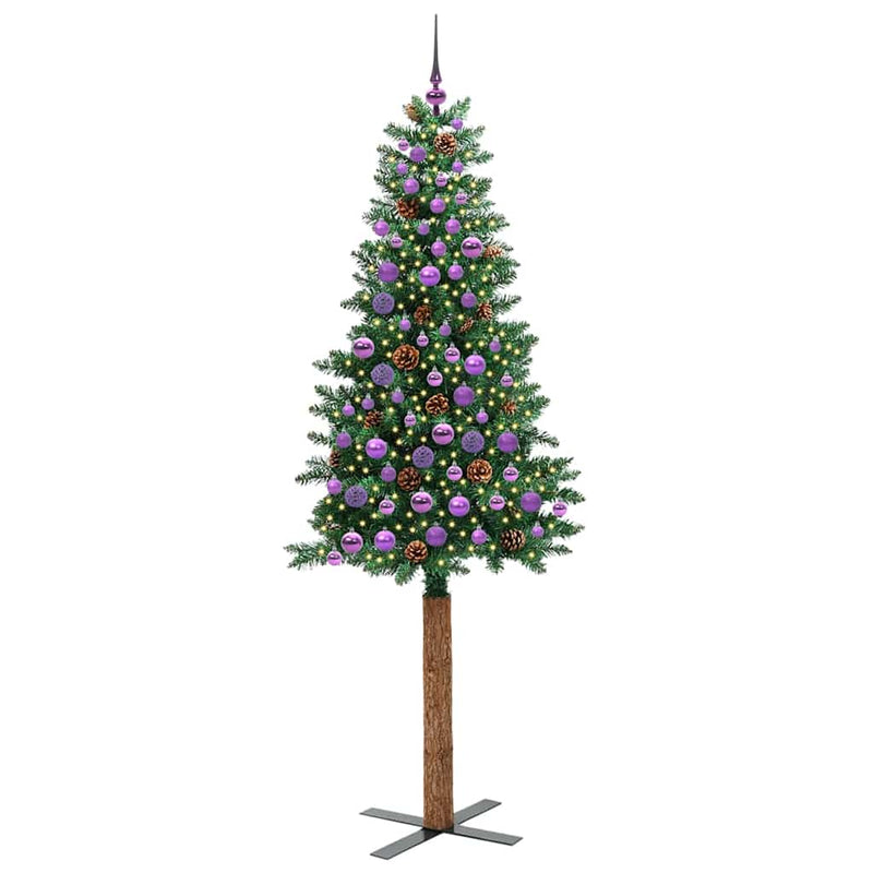 vidaXL Karcsú karácsonyfa 300 LED-del Zöld 210 cm PVC és tömör fenyőfa