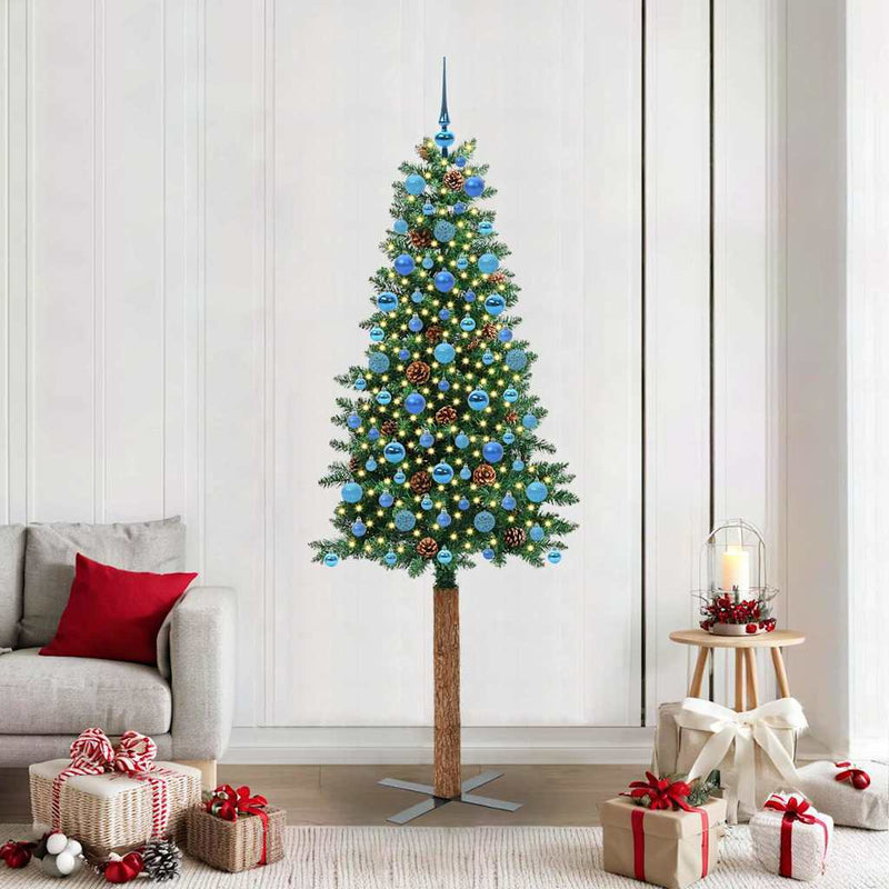 vidaXL Karcsú karácsonyfa 300 LED-del Zöld 210 cm PVC és tömör fenyőfa