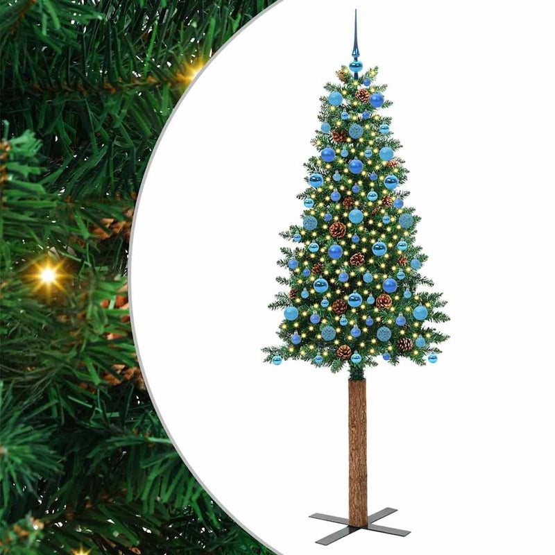 vidaXL Karcsú karácsonyfa 300 LED-del Zöld 210 cm PVC és tömör fenyőfa