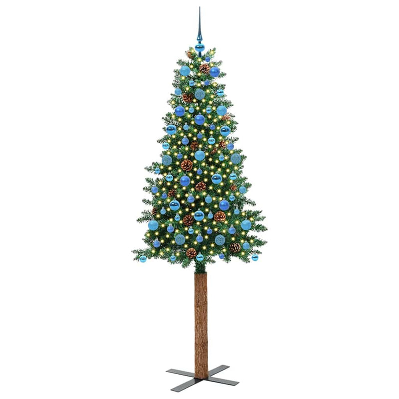 vidaXL Karcsú karácsonyfa 300 LED-del Zöld 210 cm PVC és tömör fenyőfa