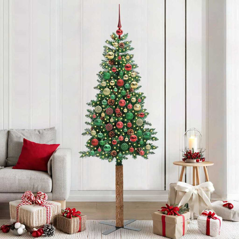 vidaXL Karcsú karácsonyfa 300 LED-del Zöld 210 cm PVC és tömör fenyőfa