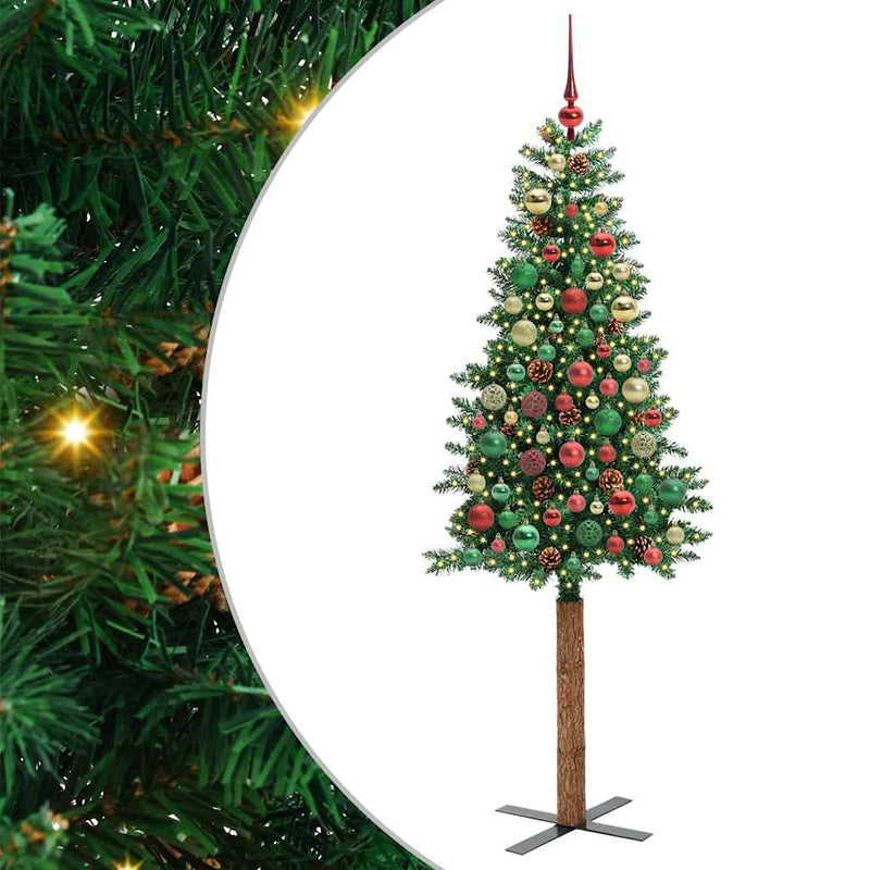 vidaXL Karcsú karácsonyfa 300 LED-del Zöld 210 cm PVC és tömör fenyőfa