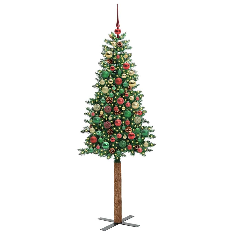 vidaXL Karcsú karácsonyfa 300 LED-del Zöld 210 cm PVC és tömör fenyőfa
