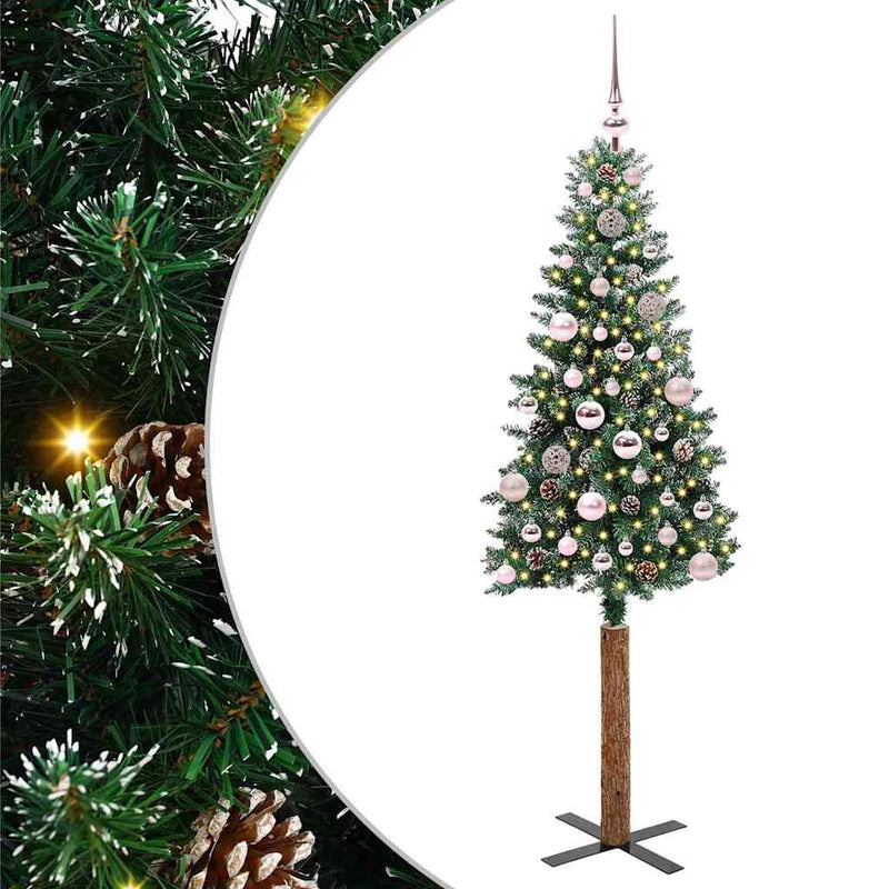 vidaXL Karcsú karácsonyfa Zöld és Fehér 150 cm PVC és tömör fenyőfa