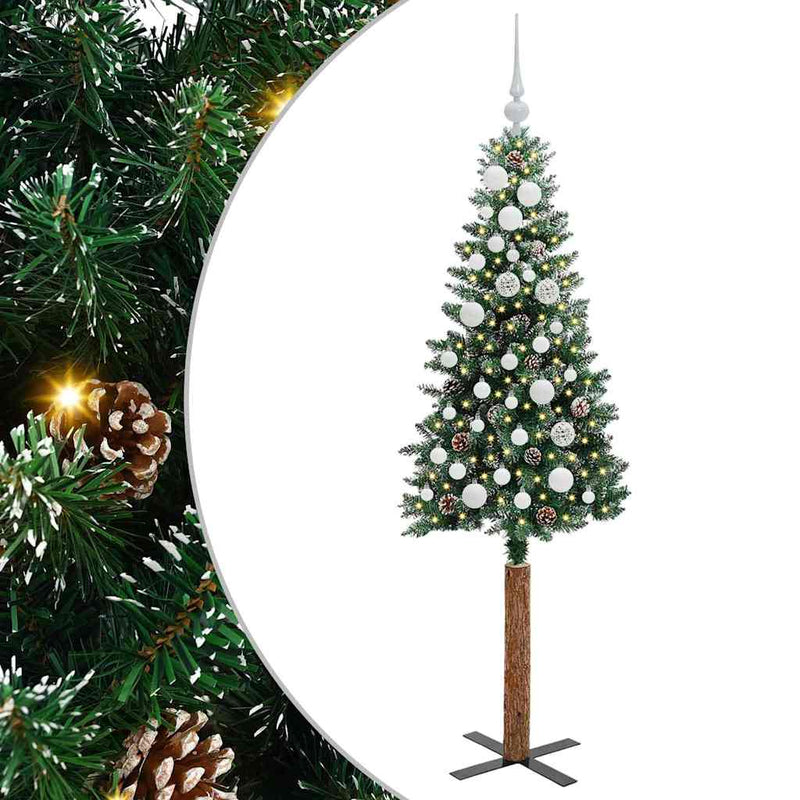 vidaXL Karcsú karácsonyfa Zöld és Fehér 150 cm PVC és tömör fenyőfa
