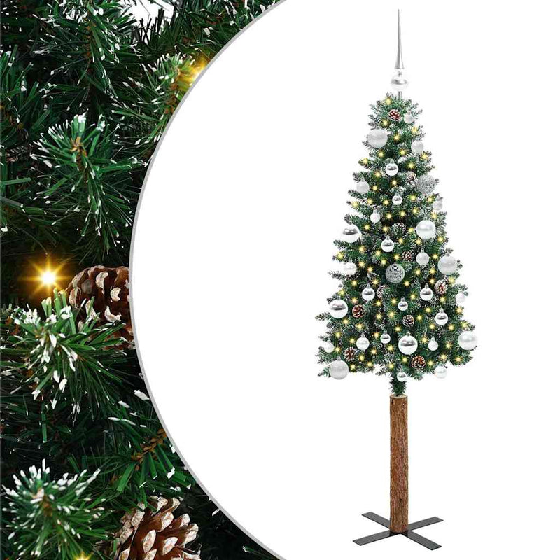 vidaXL Karcsú karácsonyfa Zöld és Fehér 150 cm PVC és tömör fenyőfa