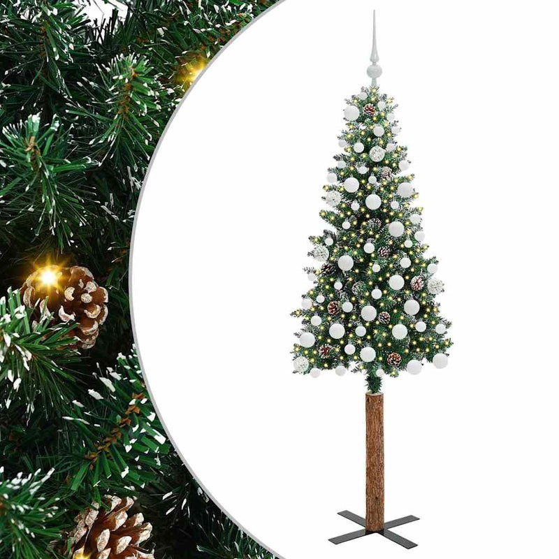 vidaXL Karcsú karácsonyfa Zöld és Fehér 180 cm PVC és tömör fenyőfa