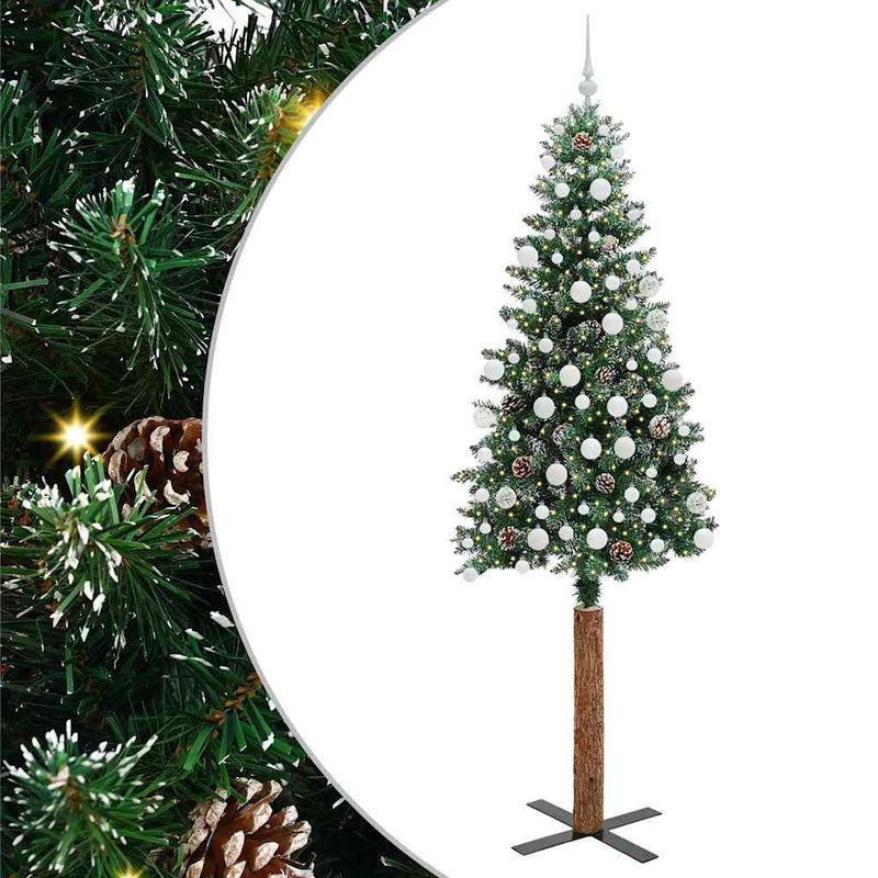 vidaXL Karcsú karácsonyfa Zöld és Fehér 210 cm PVC és tömör fenyőfa