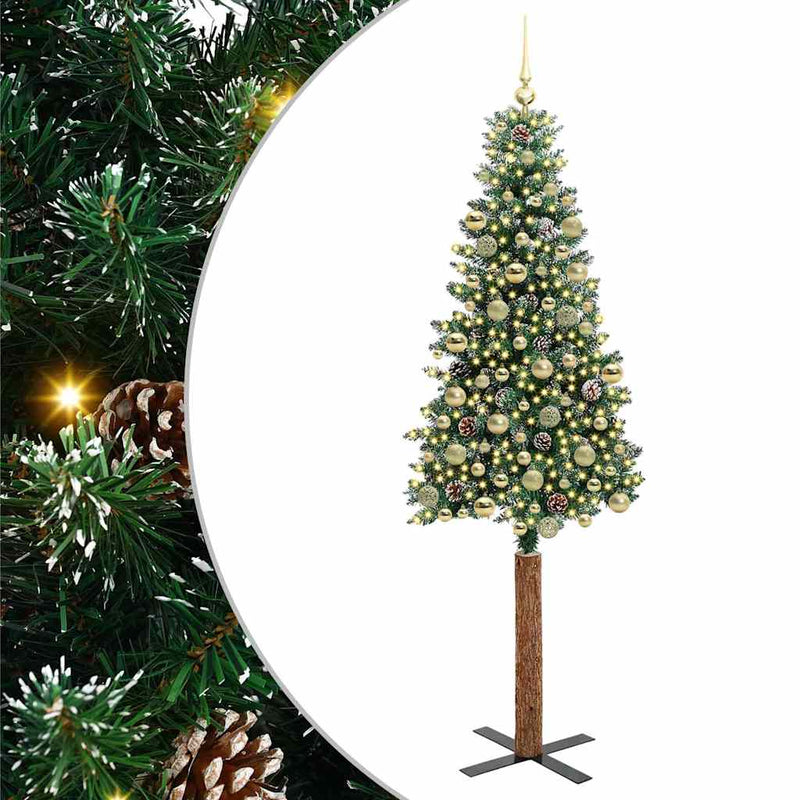 vidaXL Karcsú karácsonyfa Zöld és Fehér 210 cm PVC és tömör fenyőfa