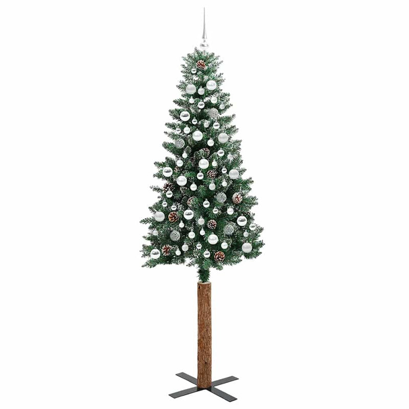 vidaXL Karcsú karácsonyfa Zöld és Fehér 210 cm PVC és tömör fenyőfa