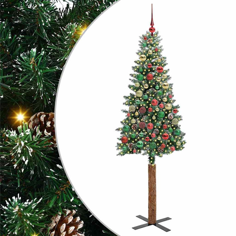 vidaXL Karcsú karácsonyfa Zöld és Fehér 210 cm PVC és tömör fenyőfa