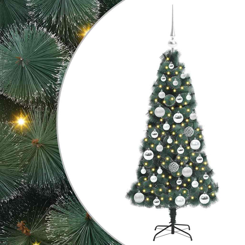vidaXL Műfenyő világítással és gömbökkel 150 LED-del Zöld 120 cm PET