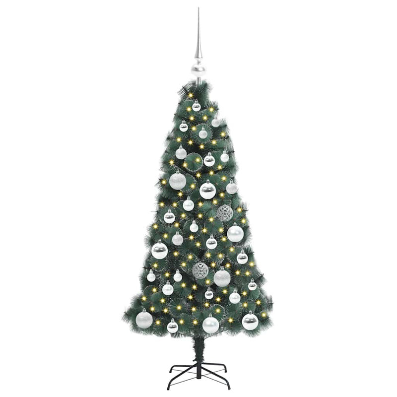 vidaXL Műfenyő világítással és gömbökkel 150 LED-del Zöld 120 cm PET