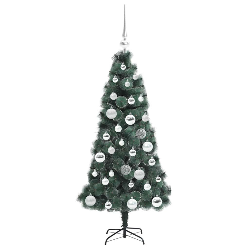 vidaXL Műfenyő világítással és gömbökkel 150 LED-del Zöld 120 cm PET