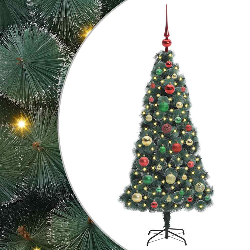 vidaXL Műfenyő LED világítással és díszekkel Zöld 120 cm PET