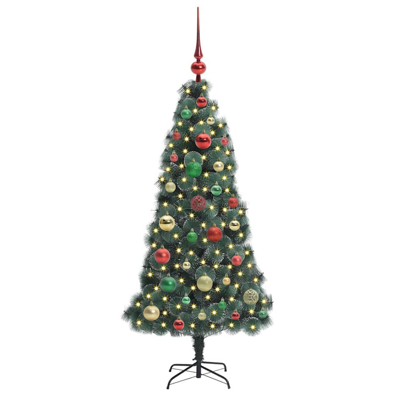 vidaXL Műfenyő LED világítással és díszekkel Zöld 120 cm PET